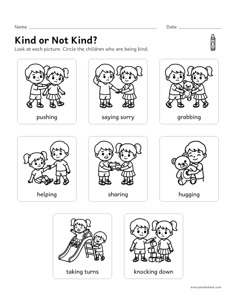Preview of the printable “Kind or not Kind: circle the kind acts” worksheet: telling kind actions from unkind ones
