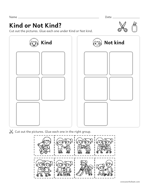 Preview of the printable “Kind or not kind Sort: cut and paste” worksheet: sorting kind and unkind actions