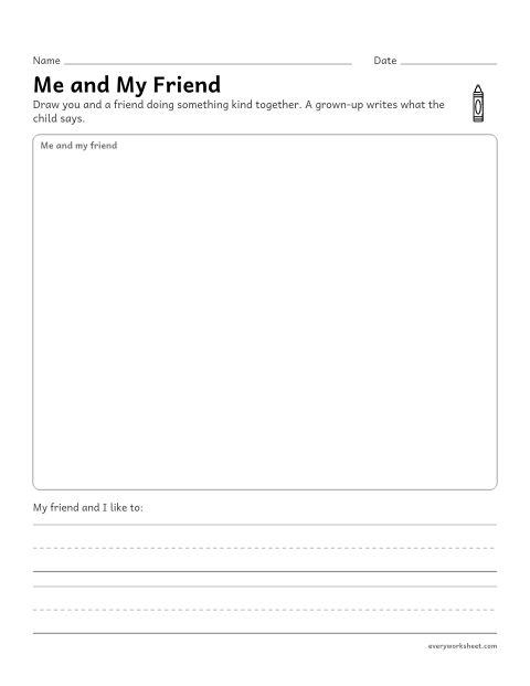 Preview of the printable “Me and my friend drawing page” worksheet: drawing and telling about a friend
