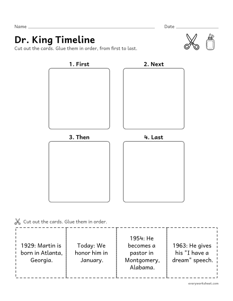Preview of the printable “Martin luther king Jr. Timeline: cut and paste” worksheet: putting events from a life in time order