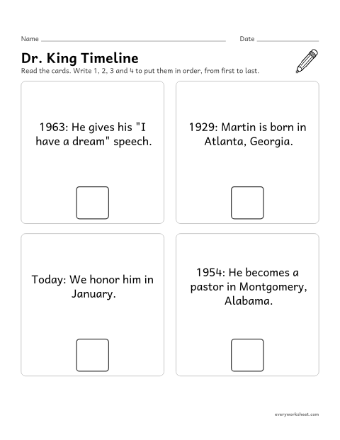 Preview of the printable “Martin luther king Jr. Timeline: number the events” worksheet: putting events from a life in time order