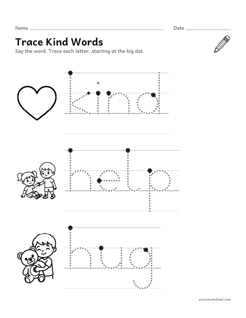 Preview of the printable “Trace kind words for preschool” worksheet: tracing big letters in short words