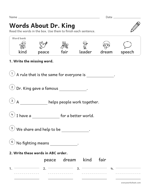 Preview of the printable “Martin luther king Jr. vocabulary words” worksheet: using new words in sentences and putting words in ABC order