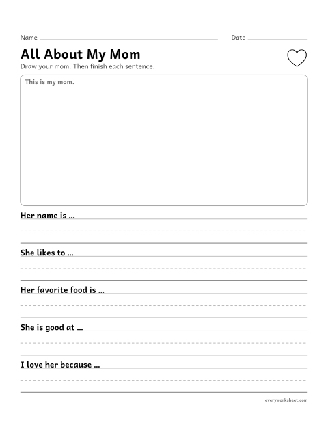 Preview of the printable “All about my mom questionnaire” worksheet: writing facts about a family member in complete sentences