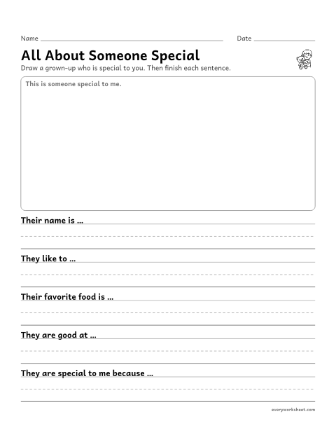 Preview of the printable “All about someone special questionnaire” worksheet: writing facts about a special grown-up in complete sentences