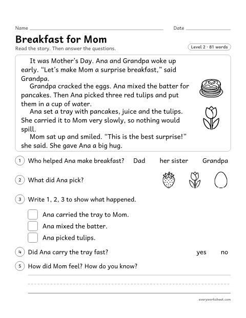 Preview of the printable “Breakfast for mom reading passage” worksheet: reading a short story and describing its characters and major events