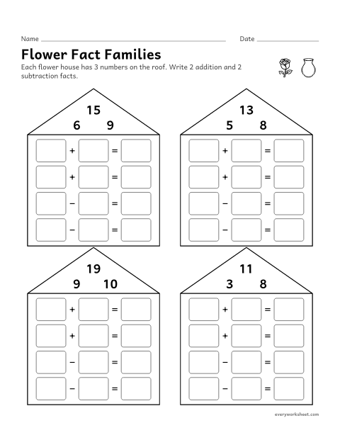Preview of the printable “Flower fact families” worksheet: writing fact families within 20