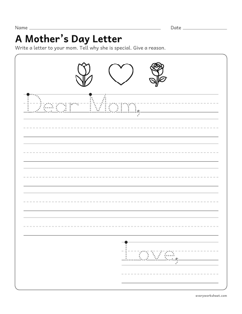 Preview of the printable “A Mother's day letter” worksheet: writing a letter that gives an opinion and a reason