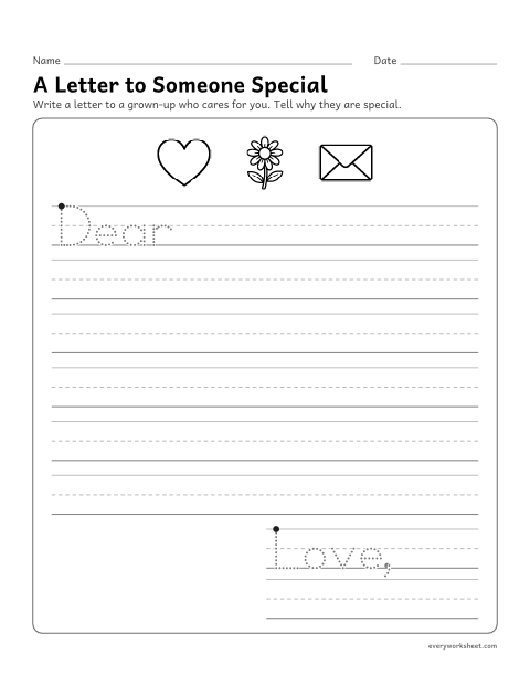 Preview of the printable “A letter to someone special” worksheet: writing a letter that gives an opinion and a reason