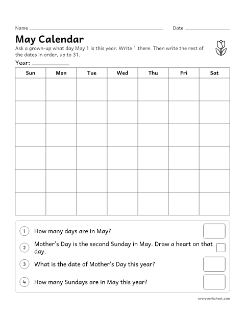 Preview of the printable “May calendar” worksheet: writing the dates 1 to 31 in order on a May calendar and finding the second Sunday