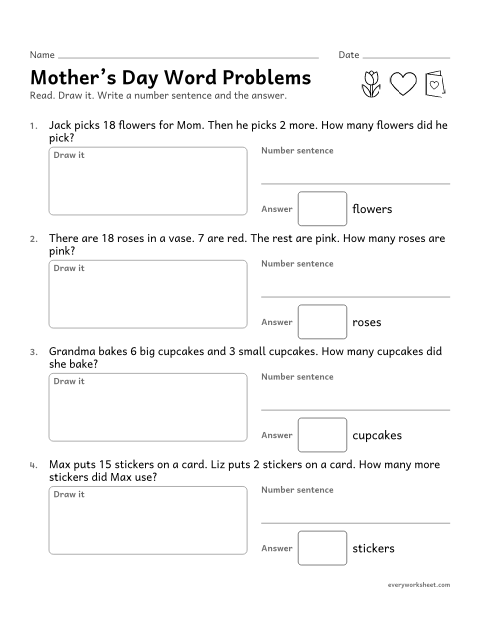Preview of the printable “Mother's day word problems” worksheet: solving Mother's Day word problems within 20