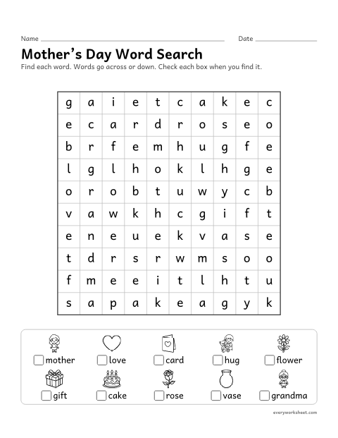 Preview of the printable “Mother's day word search” worksheet: finding and reading Mother's Day words by their spelling