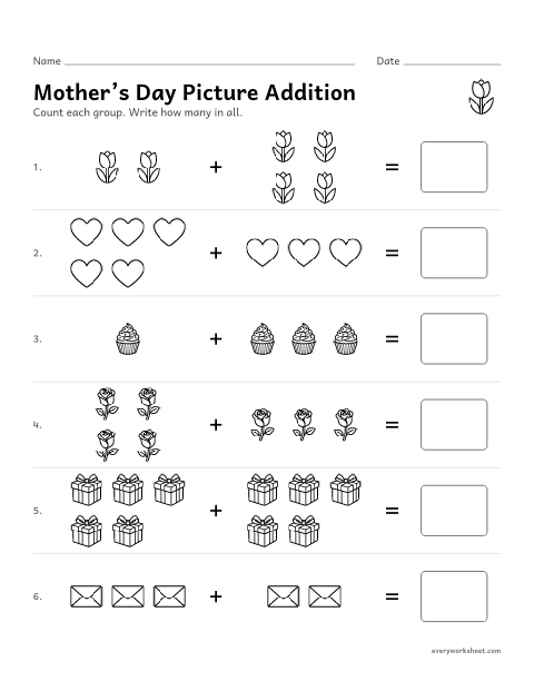 Preview of the printable “Mother's day picture addition within 10” worksheet: adding two groups of pictures within 10