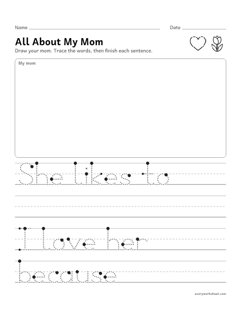 Preview of the printable “All about my Mom: draw and write” worksheet: drawing and writing facts about a grown-up