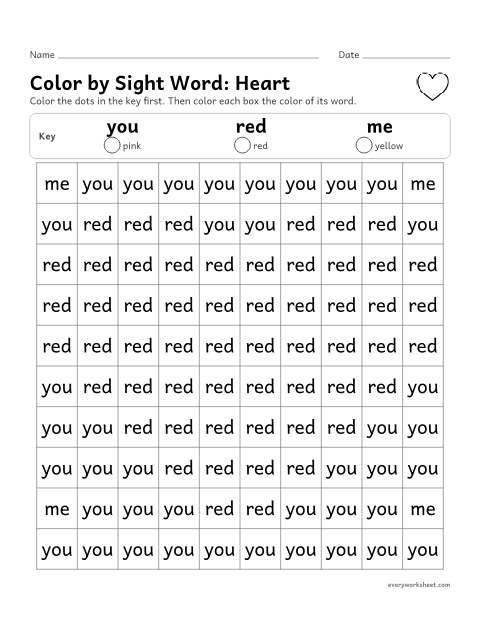 Preview of the printable “Color by sight Word: heart” worksheet: reading sight words to color a picture