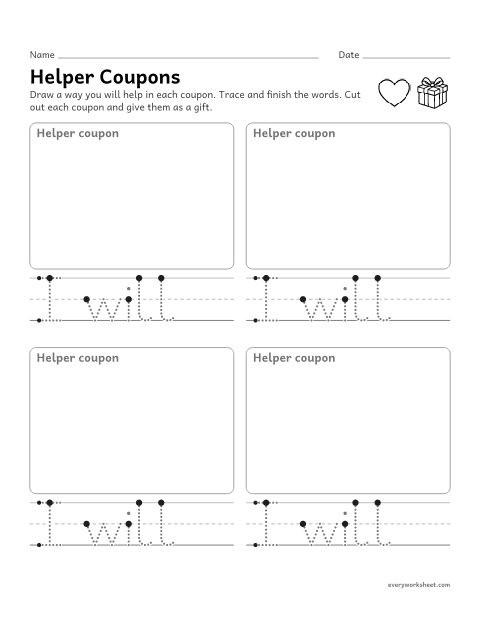 Preview of the printable “Mother's day helper coupons” worksheet: drawing and writing ways to help someone