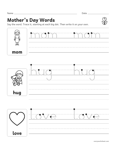 Preview of the printable “Mother's day words Tracing: Mom, Hug, love” worksheet: tracing and writing mom, hug and love