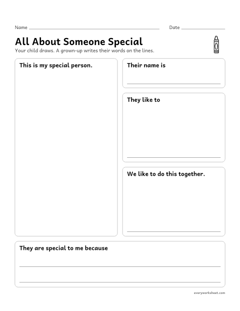 Preview of the printable “All about someone Special: draw and tell” worksheet: drawing and telling about someone special, with a grown-up writing the words