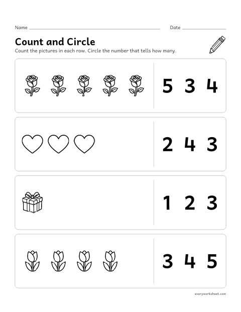 Preview of the printable “Mother's day count and circle 1–5” worksheet: counting groups of 1 to 5 flowers, hearts and gifts