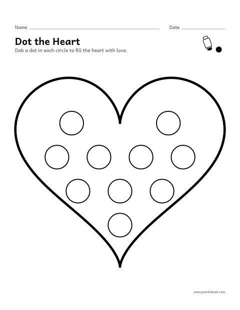 Preview of the printable “Heart dot marker page” worksheet: dabbing a dot marker inside each circle