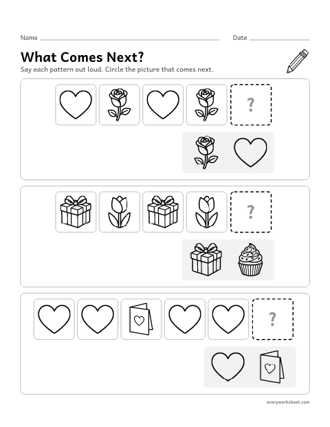 Preview of the printable “Mother's day Patterns: what comes Next?” worksheet: finishing AB and ABB picture patterns