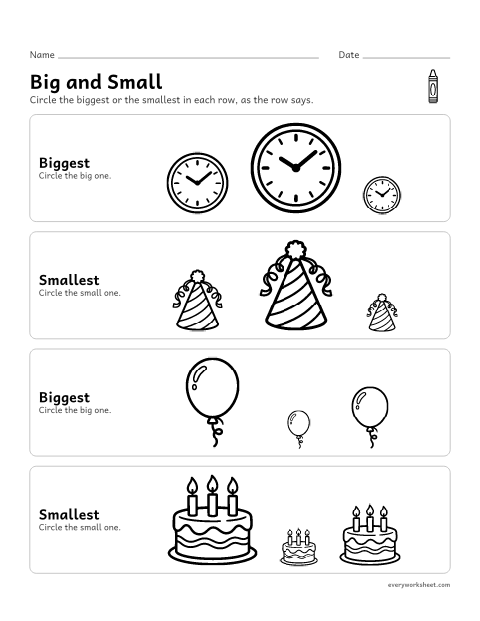 Preview of the printable “New year big and small” worksheet: comparing size: biggest and smallest