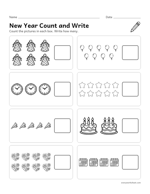 Preview of the printable “New year count and write 1 to 10” worksheet: counting up to 10 objects and writing the number