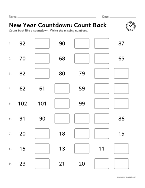 Preview of the printable “New year Countdown: count back” worksheet: counting back from any number within 120