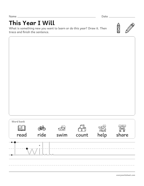 Preview of the printable “New year writing prompt for kindergarten” worksheet: drawing and writing to tell about a goal
