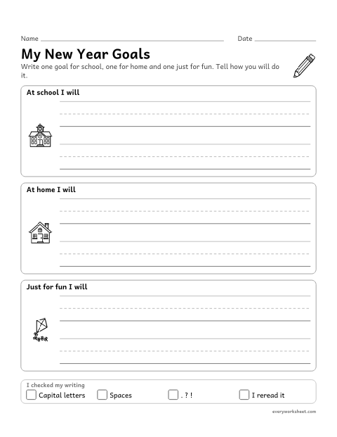 Preview of the printable “New year goals writing for 1st grade” worksheet: writing about goals with details