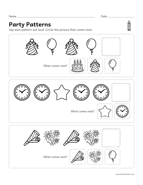 Preview of the printable “New year Patterns: what comes Next?” worksheet: finishing AB and AAB picture patterns