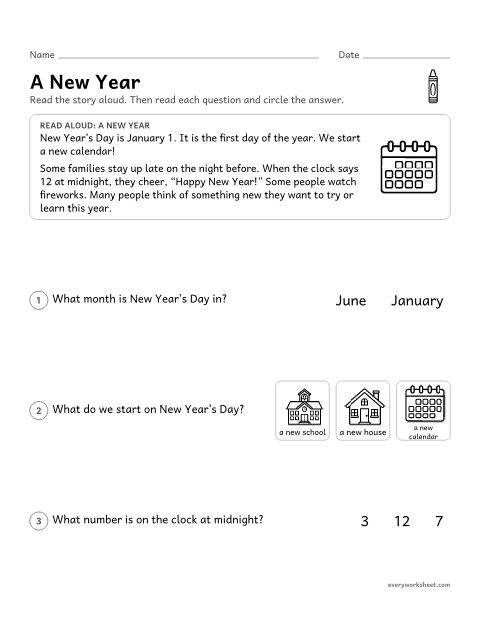 Preview of the printable “New Year's day Read-Aloud for kindergarten” worksheet: listening to facts about New Year's Day and answering questions