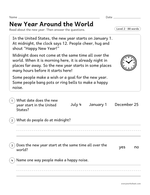 Preview of the printable “New year around the World: reading passage” worksheet: reading a nonfiction passage and answering questions about key details