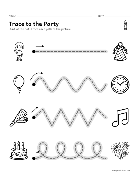 Preview of the printable “New year trace the path” worksheet: tracing straight, wavy, zigzag and looped paths