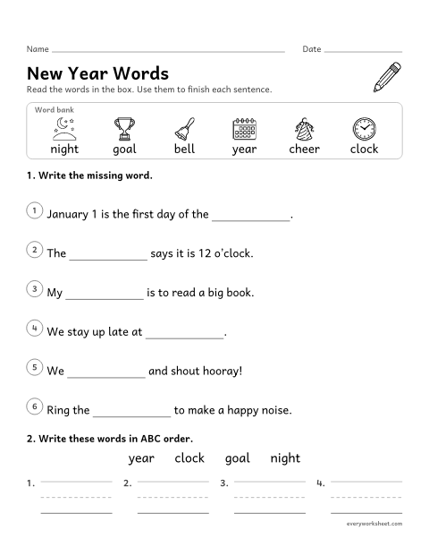 Preview of the printable “New year vocabulary words” worksheet: using new words in sentences and putting words in ABC order
