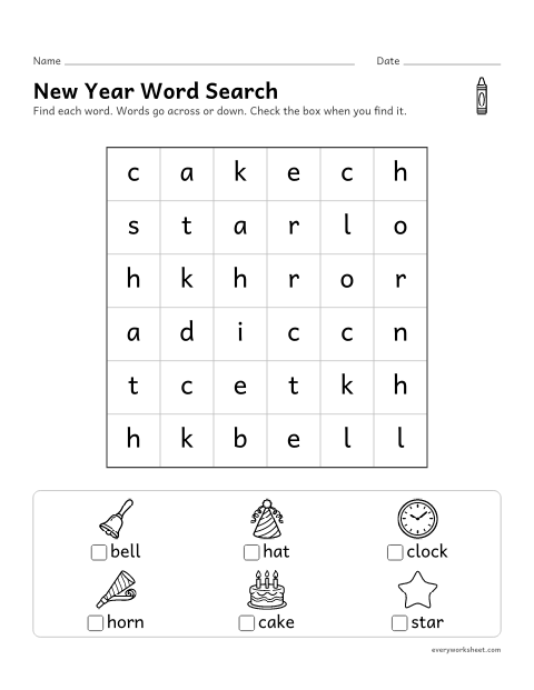 Preview of the printable “New year word search for kindergarten” worksheet: finding and reading short words