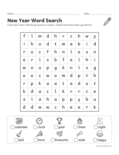 Preview of the printable “New year word search for 1st grade” worksheet: finding and reading new year words