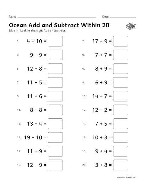 Preview of the printable “Ocean add and subtract within 20” worksheet: adding and subtracting within 20