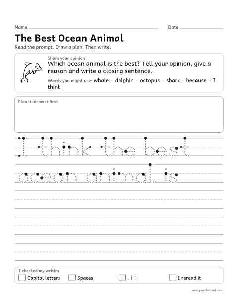 Preview of the printable “The best ocean animal” worksheet: writing an opinion with a reason and a closing