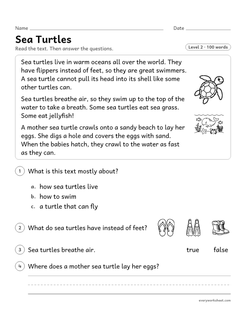 Preview of the printable “Sea turtles” worksheet: telling the main topic and key details of a nonfiction text