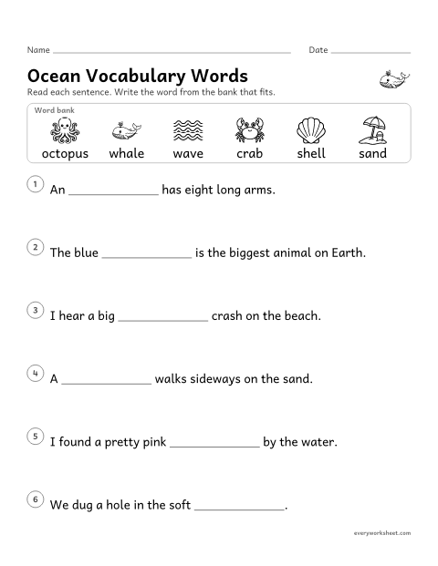 Preview of the printable “Ocean vocabulary words” worksheet: using sentence clues to choose the word that fits