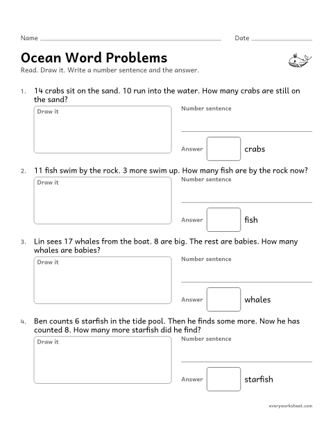 Preview of the printable “Ocean word problems” worksheet: solving word problems within 20, including a missing change