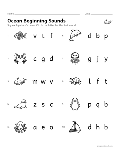 Preview of the printable “Ocean beginning sounds” worksheet: hearing the first sound of a word and matching it to its letter