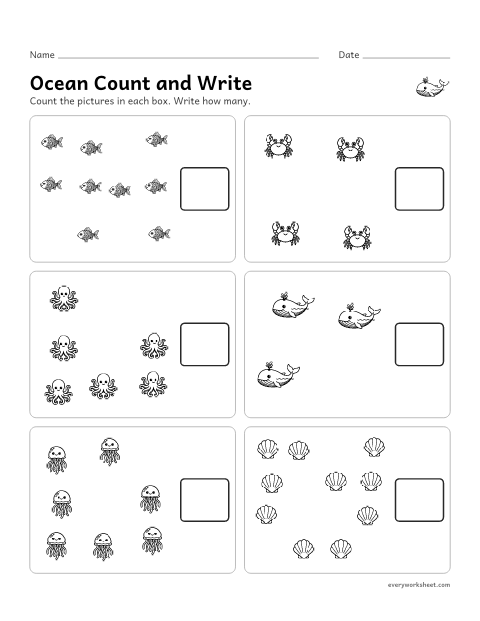 Preview of the printable “Ocean count and write” worksheet: counting up to 10 objects in a scattered group and writing the number