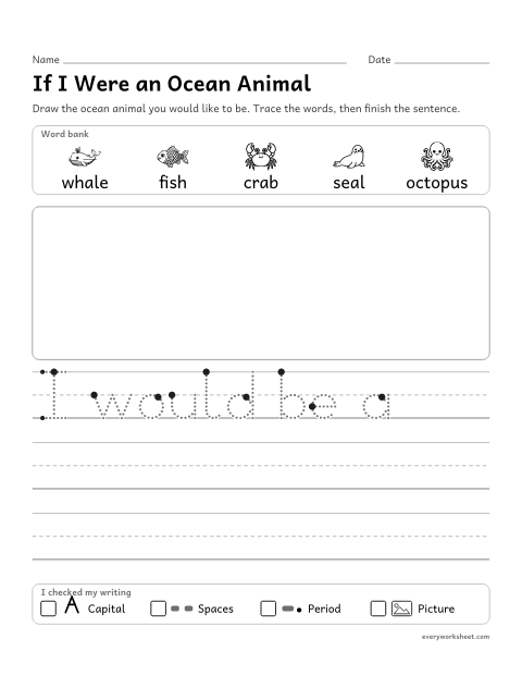 Preview of the printable “If I were an ocean animal” worksheet: telling an opinion with a drawing and a sentence