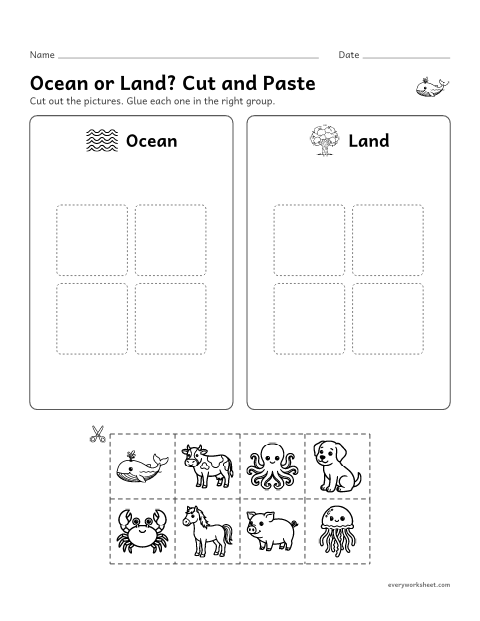 Preview of the printable “Ocean or Land? cut and paste” worksheet: sorting animals that live in the ocean and on land