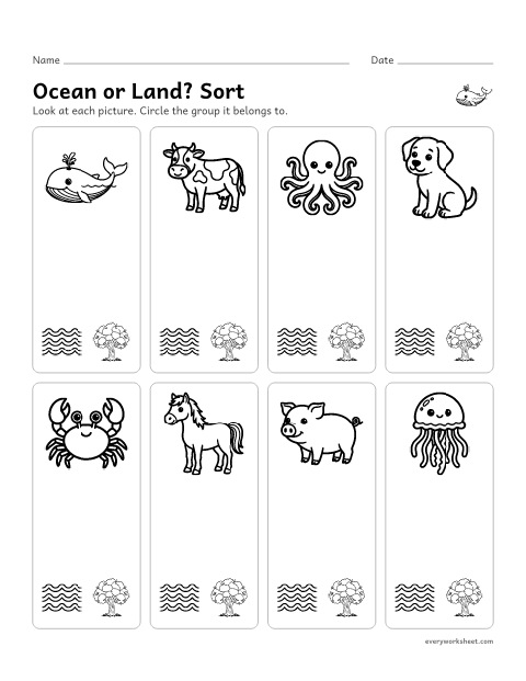 Preview of the printable “Ocean or Land? sort” worksheet: sorting animals that live in the ocean and on land