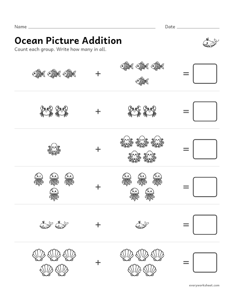 Preview of the printable “Ocean picture addition” worksheet: adding within 10 with pictures
