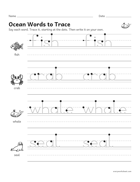 Preview of the printable “Ocean words to trace” worksheet: tracing and writing ocean words