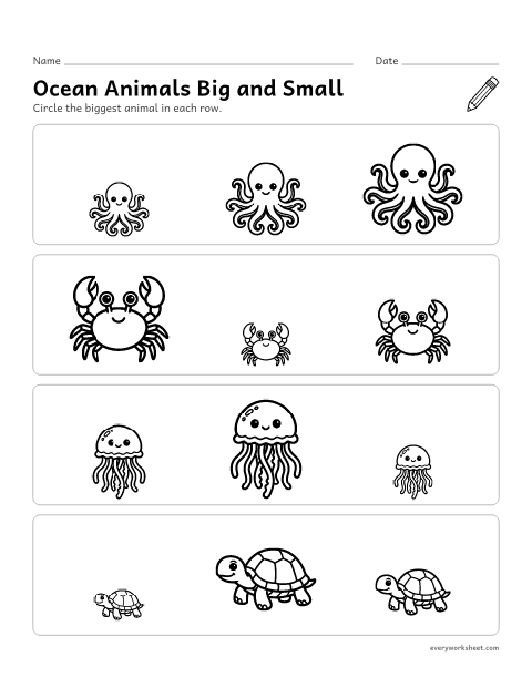 Preview of the printable “Ocean animals big and small” worksheet: comparing sizes and finding the biggest